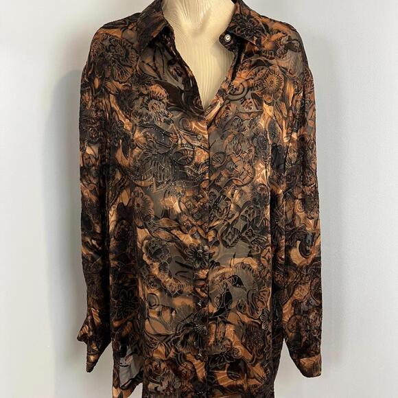 Vintage Easyspirit Women's 3XL Brown Burnoutt Long Sleeve Full Button Down Shirt - Picture 1 of 15